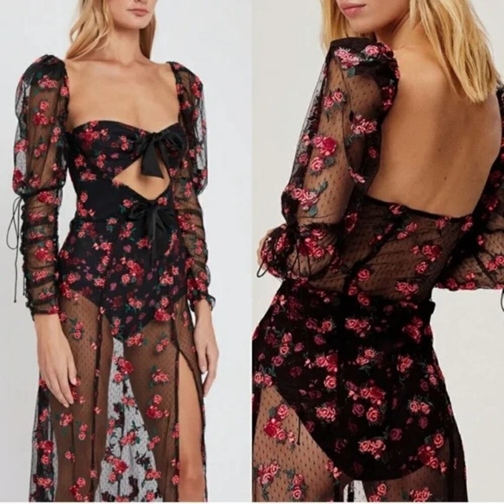 For Love & Lemons Blondie Maxi Dress Roses Mesh Bodysuit Tulle Puff Sleeve Small - Picture 2 of 13